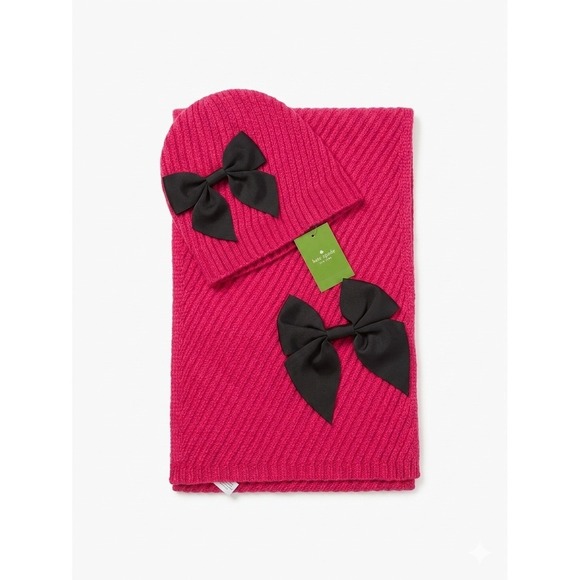 NWT KATE SPADE New York Wool Blend Pink Ribbed Knit Beanie Hat & Scarf Set Bows